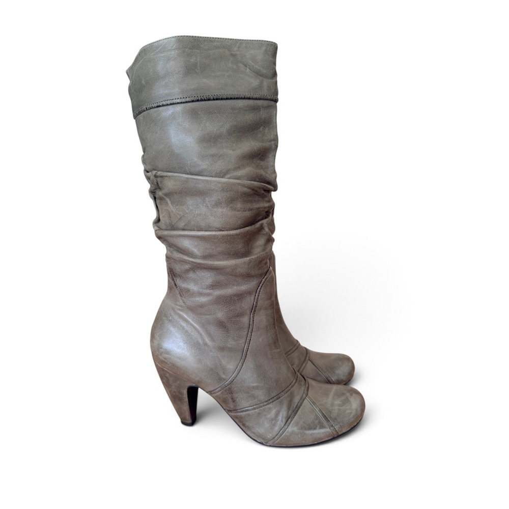 Miz Mooz Sunrise Gray Leather Slouchy Tall Boots Size 8.5 Faux Fur Lined 3" Heel